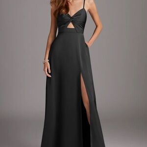 Azazie Black Spaghetti Strap Twist Cutout Satin Gown